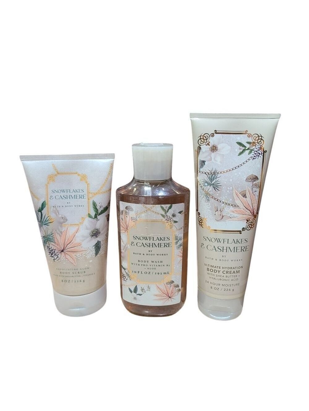 SNOWFLAKES & CASHMERE BATH & BODY SET BODY WASH, CREAM, SCRUB